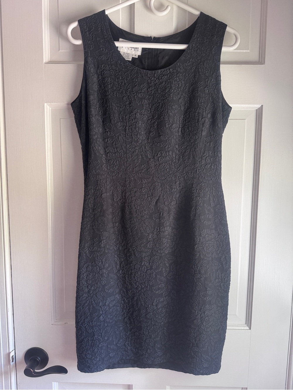 Vintage Hugo Buscati Milano Black Silk Floral Jacquard Sheath Dress Size 8